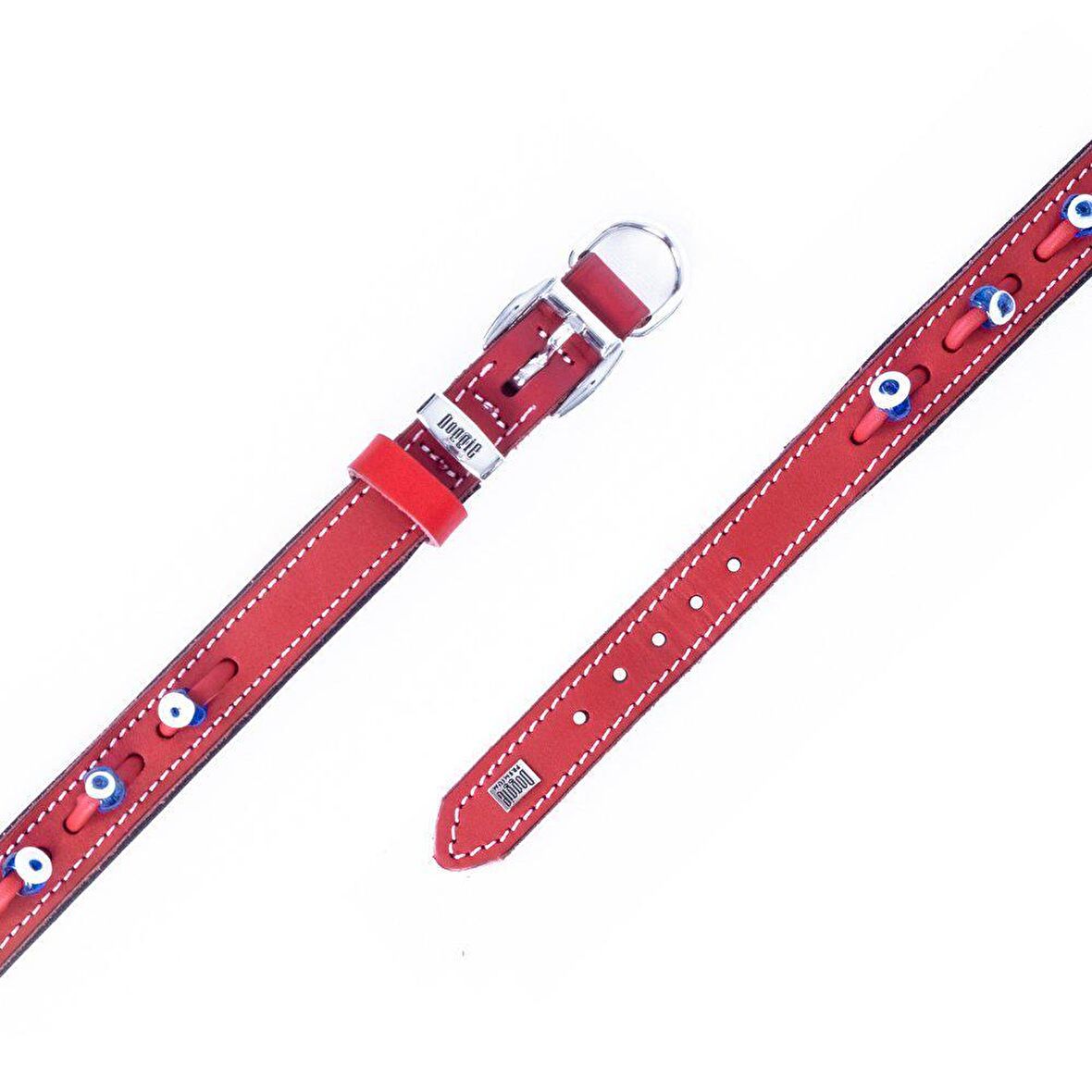 Doggie Konforlu Gerçek Deriden El Yapımı Nazar Boncuklu Köpek Boyun Tasması 2,5x37-45cm Kırmızı