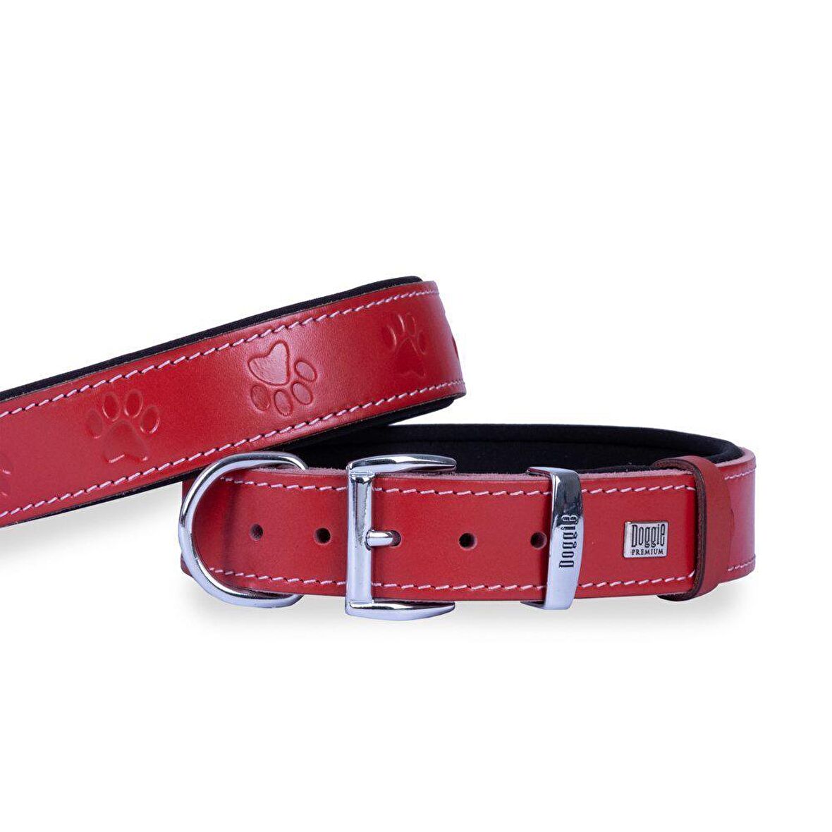 Doggie Köpek Boyun Tasması Konfor Gerçek Deriden El Yapımı Pati Desenli Kırmızı L 3.5x52-60 Cm