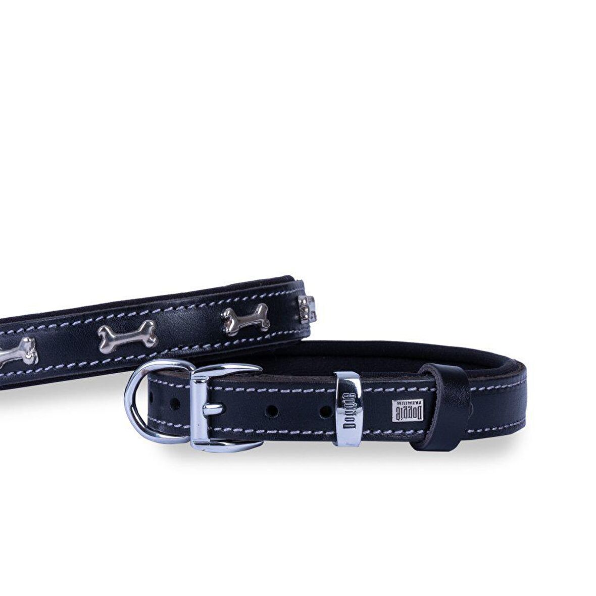Doggie Konforlu Gerçek Deriden El Yapımı Kemik Süslü Köpek Boyun Tasması 2x30-35cm Siyah