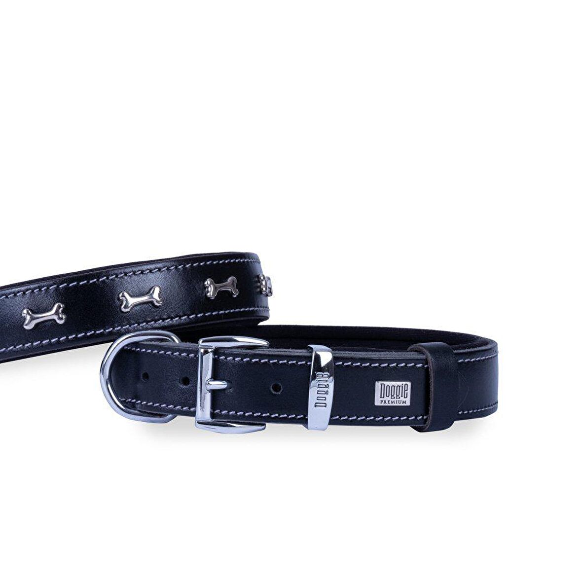 Doggie Konforlu Gerçek Deriden El Yapımı Kemik Süslü Köpek Boyun Tasması 2,5x37-45cm Siyah