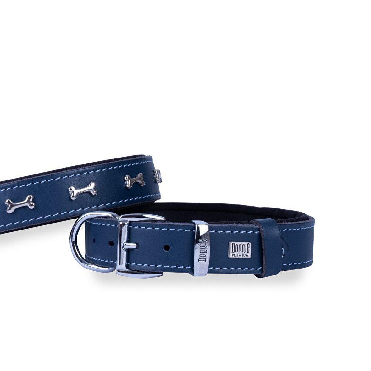 Doggie Konforlu Gerçek Deriden El Yapımı Kemik Süslü Köpek Boyun Tasması 2,5x37-45cm Royal Mavi