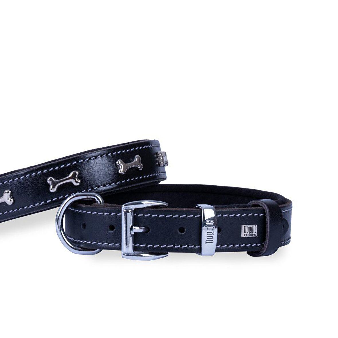 Doggie Konforlu Gerçek Deriden El Yapımı Kemik Süslü Köpek Boyun Tasması 3x42-50cm Siyah