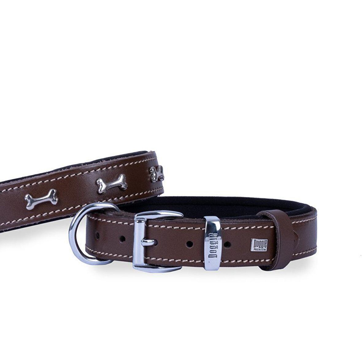 Doggie Konforlu Gerçek Deriden El Yapımı Kemik Süslü Köpek Boyun Tasması 3x42-50cm Kahverengi