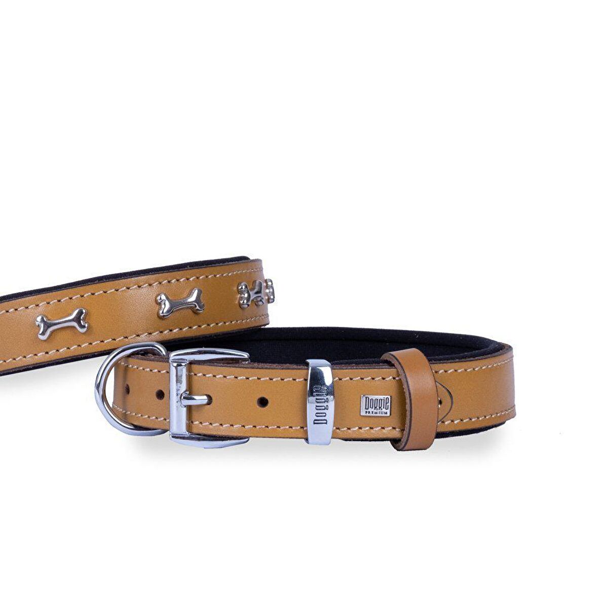 Doggie Konforlu Gerçek Deriden El Yapımı Kemik Süslü Köpek Boyun Tasması 3x42-50cm Camel