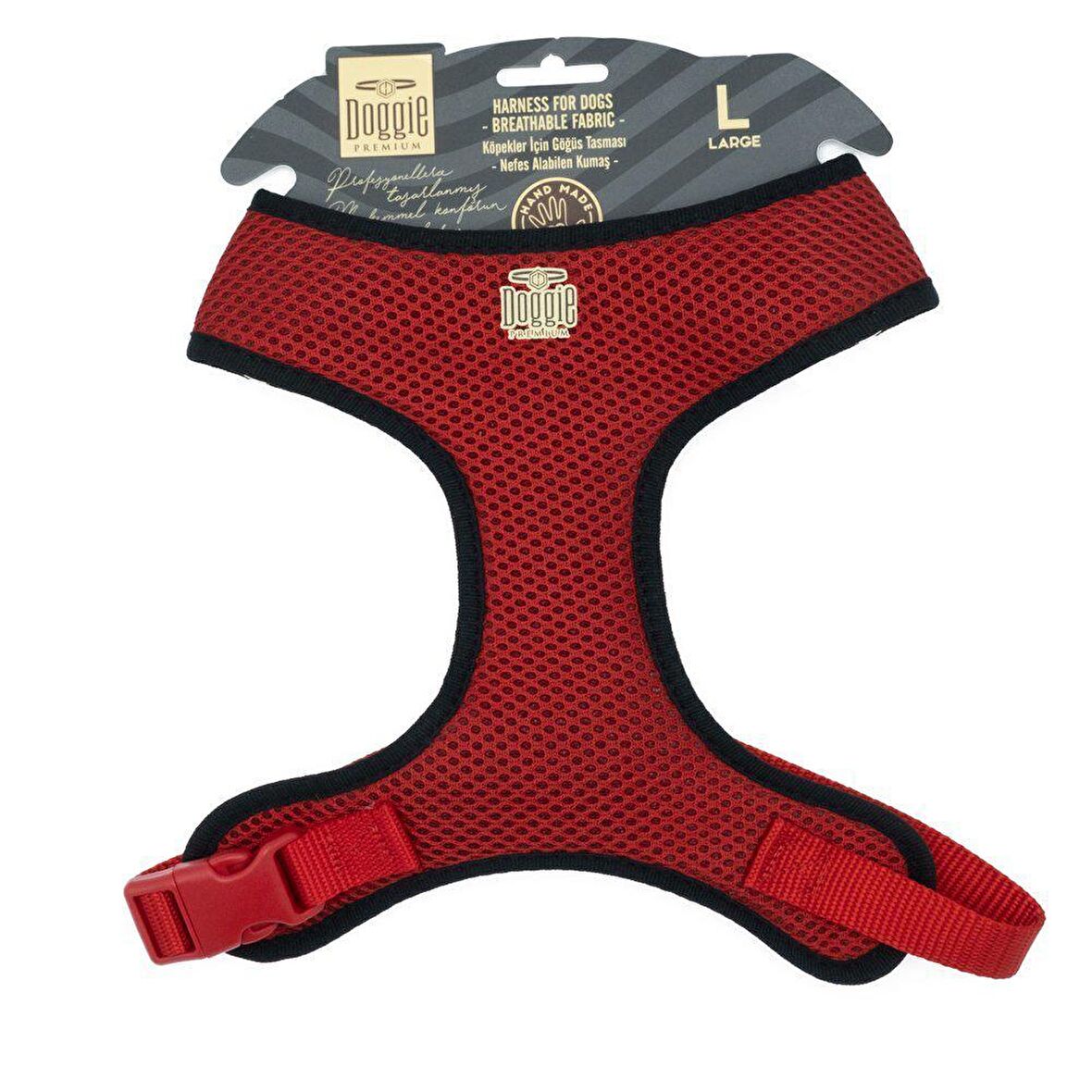 Doggie Havalı Dokumadan El Yapımı Küçük Irk Köpek Göğüs Tasması L-2x45-55cm Kırmızı