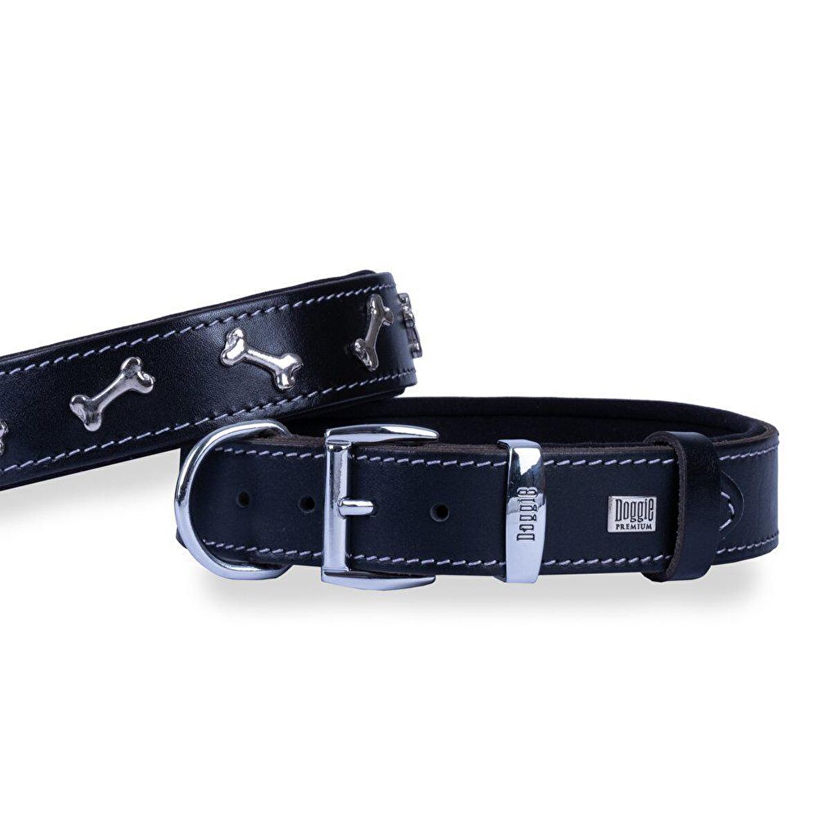 Doggie Konforlu Gerçek Deriden El Yapımı Kemik Süslü Köpek Boyun Tasması 3,5x47-55cm Siyah