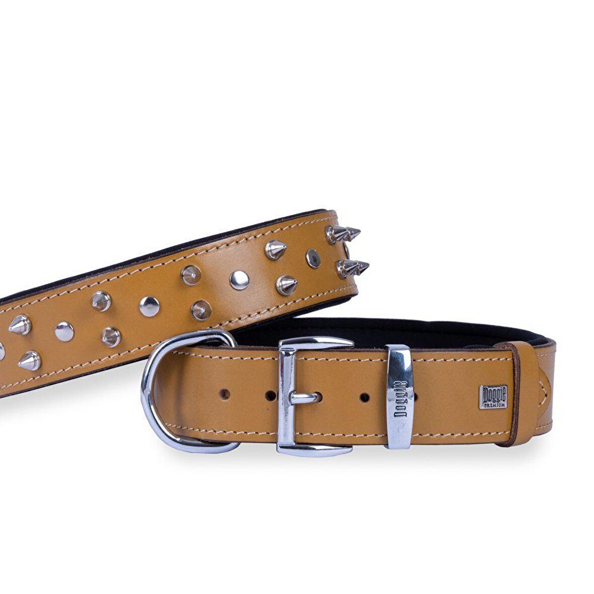 Doggie Konforlu Gerçek Deriden El Yapımı Çivili Köpek Boyun Tasması 4x47-55cm Camel