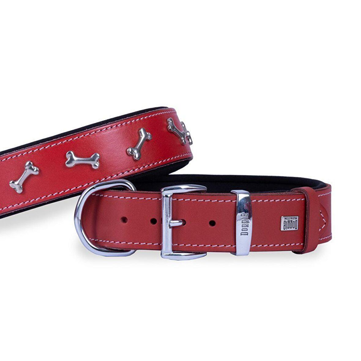 Doggie Konforlu Gerçek Deriden El Yapımı Kemik Süslü Köpek Boyun Tasması 4x47-55cm Kırmızı