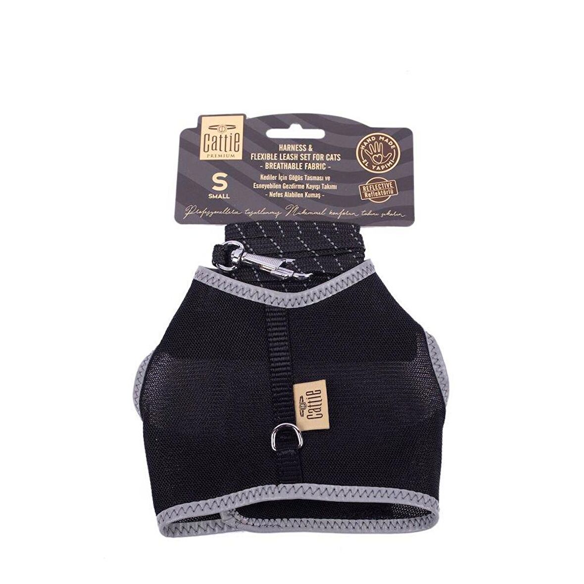 Cattie Havalı Dokuma Kedi Göğüs & Gezdirme Takımı Siyah Small 1x20-30 Cm