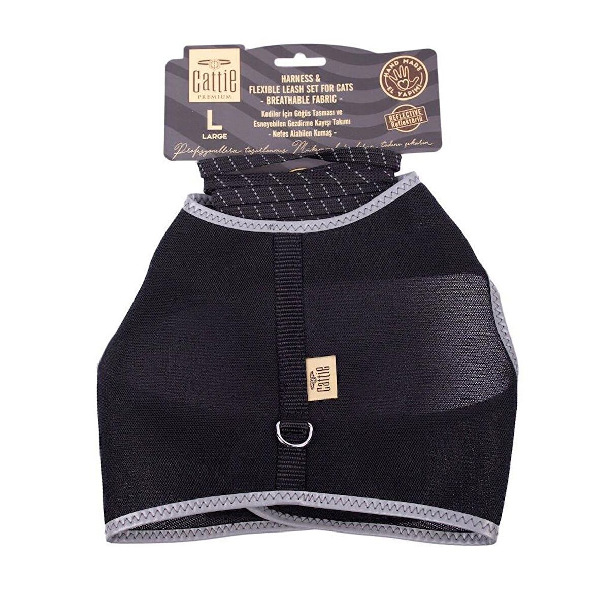 Cattie Havalı Dokuma Kedi Göğüs & Gezdirme Takımı Siyah Large 1.5x30-40 Cm