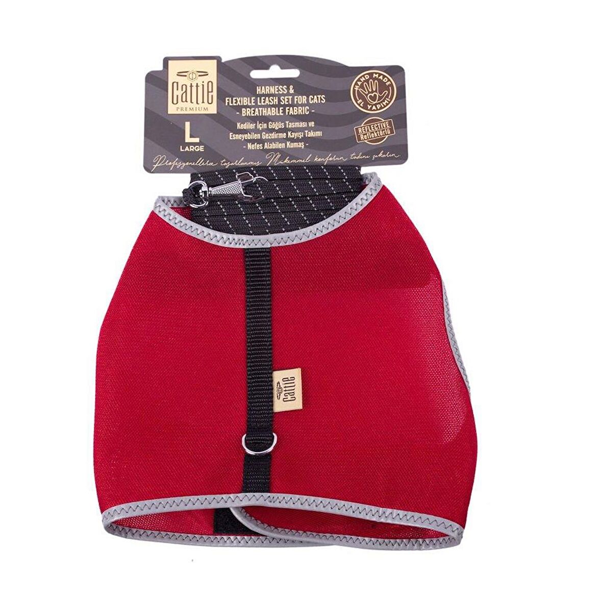 Cattie Havalı Dokuma Kedi Göğüs & Gezdirme Takımı Kırmızı Large 1.5x30-40 Cm