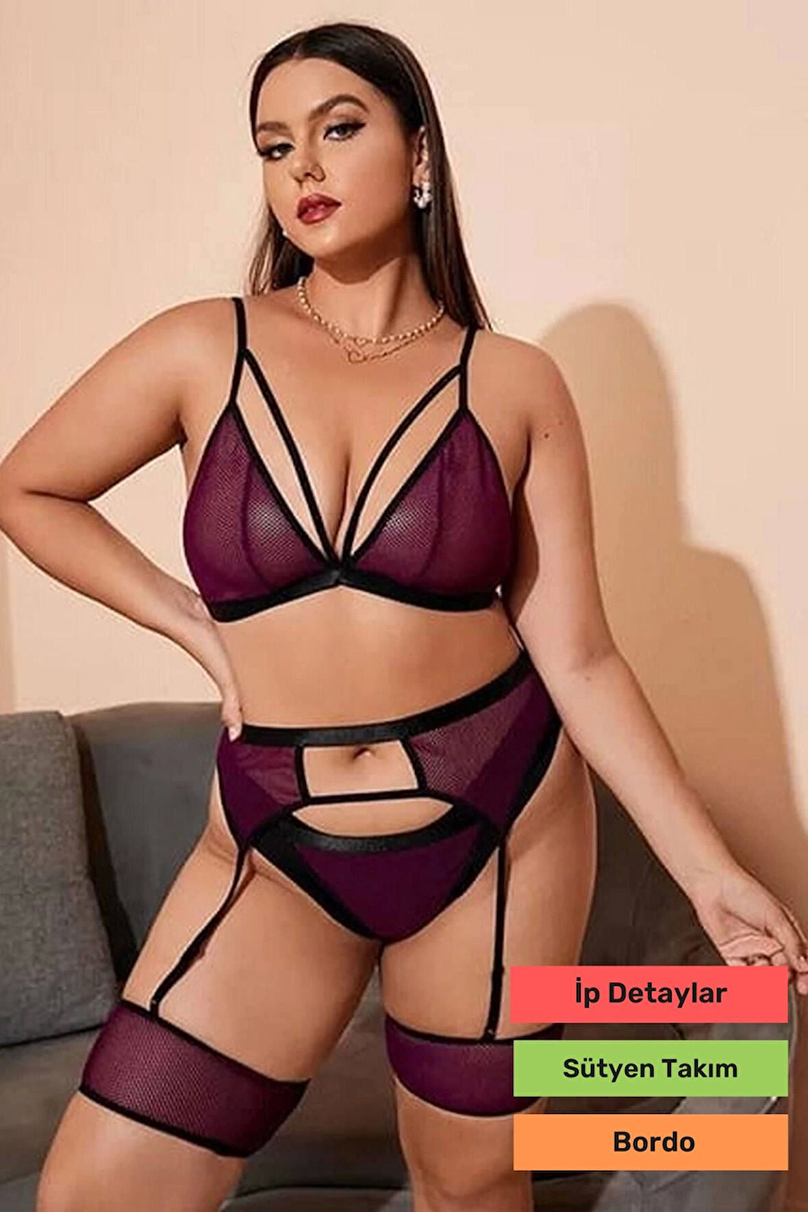 Özel Seri Büyük Beden Bordo Jartiyer Seksi Çok Şık  Sütyen Külot Takımı