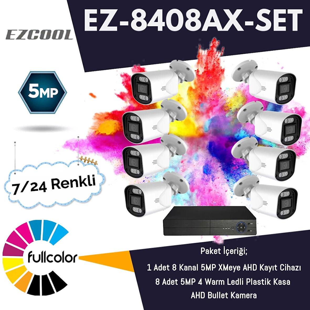 TEKNOTEG - EZCOOL EZ-8408AX-SET 5MP FULLCOLUR 7/24 RENKLİ 8Lİ SET