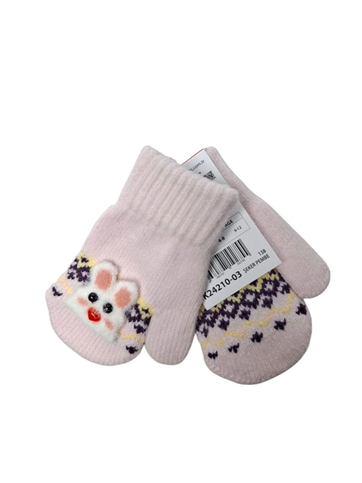 Spteks Kitti 1-3 Yaş Kız Bebe Açık Pembe Tavşan Figürlü Kışlık Örme Eldiven