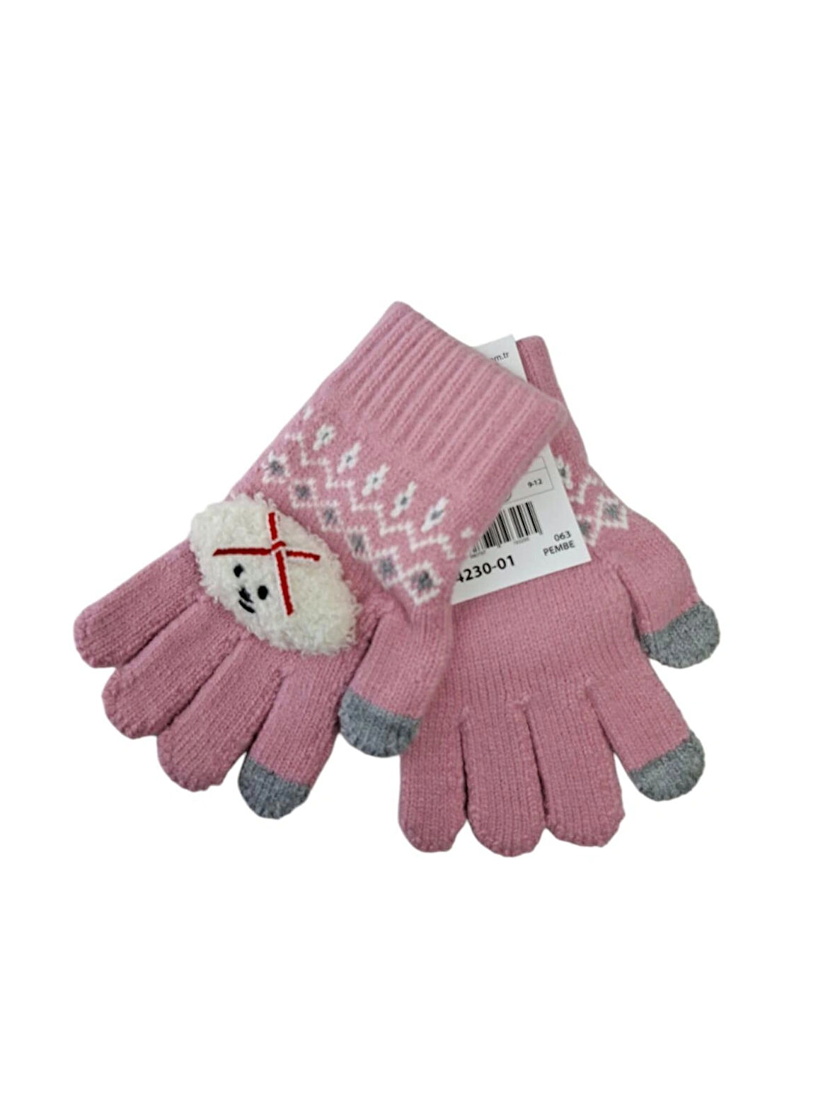 Spteks Kitti 4-8 Yaş Kız Çocuk Pembe Renk Bulut Figürlü Kışlık Örme Eldiven