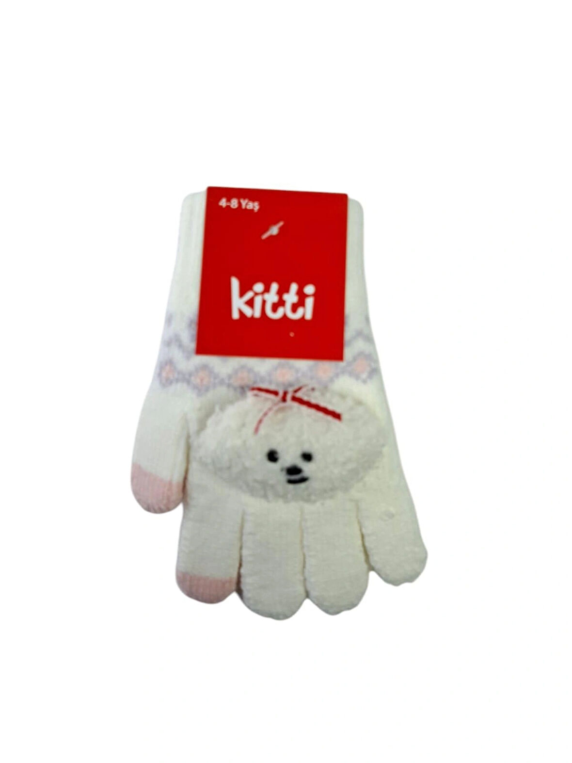 Spteks Kitti 4-8 Yaş Kız Çocuk Krem Renk Bulut Figürlü Kışlık Örme Eldiven