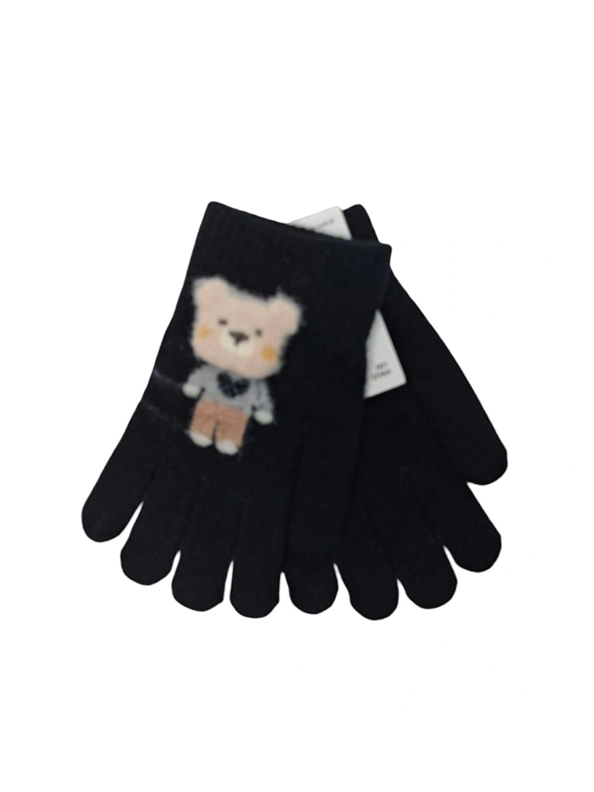 Spteks Kitti 4-8 Yaş Erkek Çocuk Siyah Renk Ayıcık Figürlü Kışlık Örme Eldiven