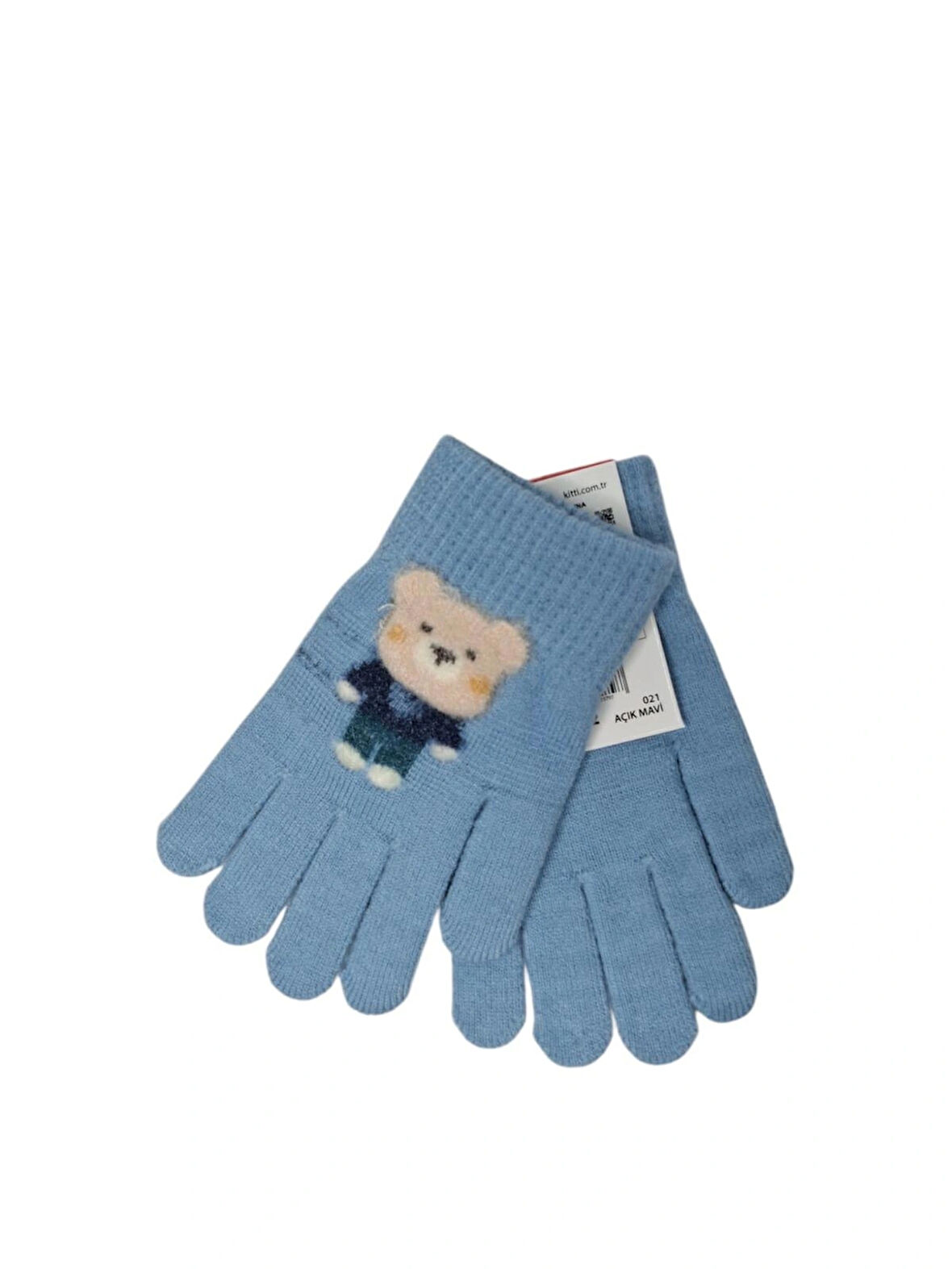 Spteks Kitti 4-8 Yaş Erkek Çocuk Açık Mavi Renk Ayıcık Figürlü Kışlık Örme Eldiven