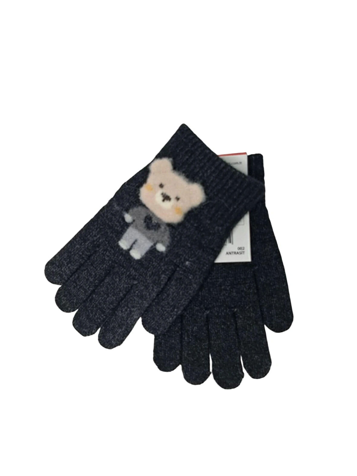 Spteks Kitti 4-8 Yaş Erkek Çocuk Antrasit Renk Ayıcık Figürlü Kışlık Örme Eldiven