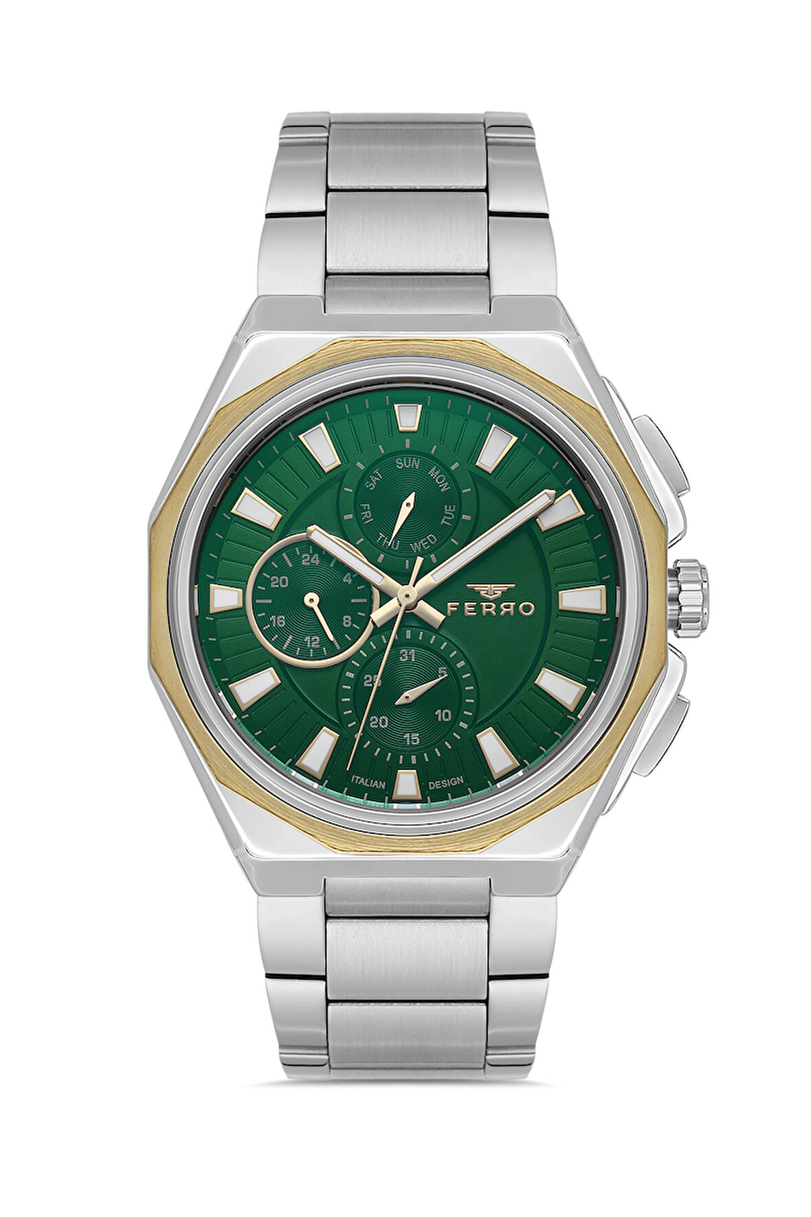 Ferro FM11590AWT-D6 Quartz Çelik Gri Yeşil Kadran 44 mm Erkek Kol Saati