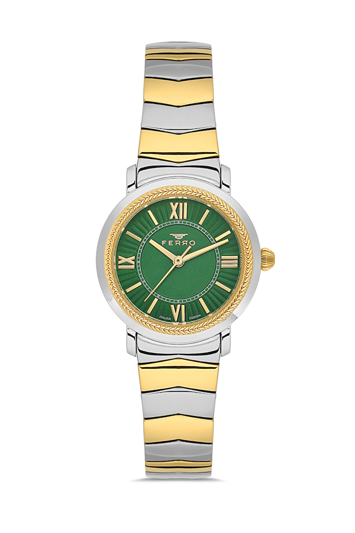 Ferro FL43009A-D6 Quartz Çelik Altın/Gri Yeşil Kadran 28 mm Kadın Kol Saati
