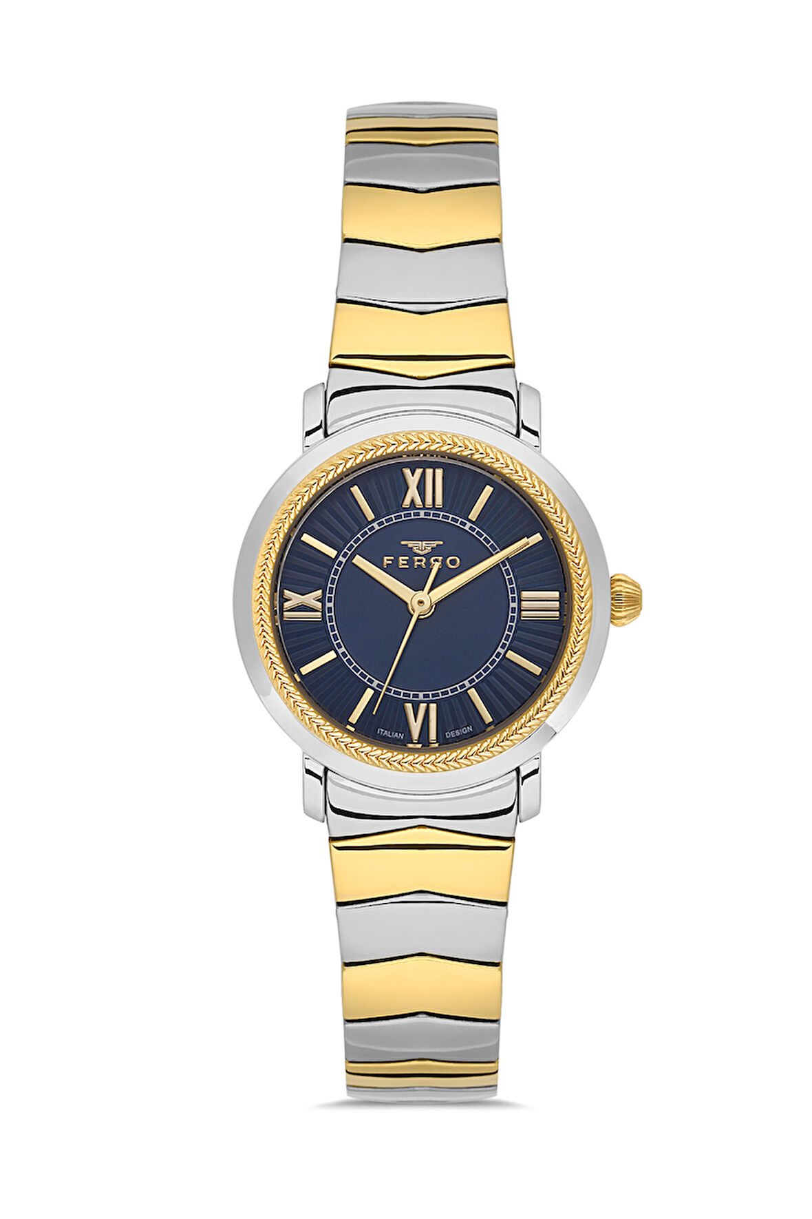 Ferro FL43009A-D3 Quartz Çelik Altın/Gri Lacivert Kadran 28 mm Kadın Kol Saati