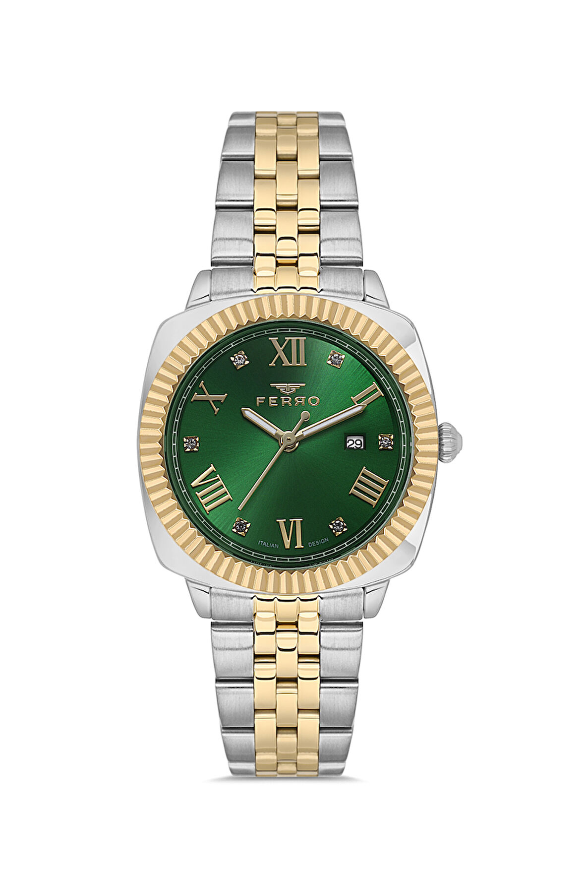 Ferro FL21625AWT-D6 Quartz Çelik Altın/Gri Yeşil Kadran 32 mm Kadın Kol Saati