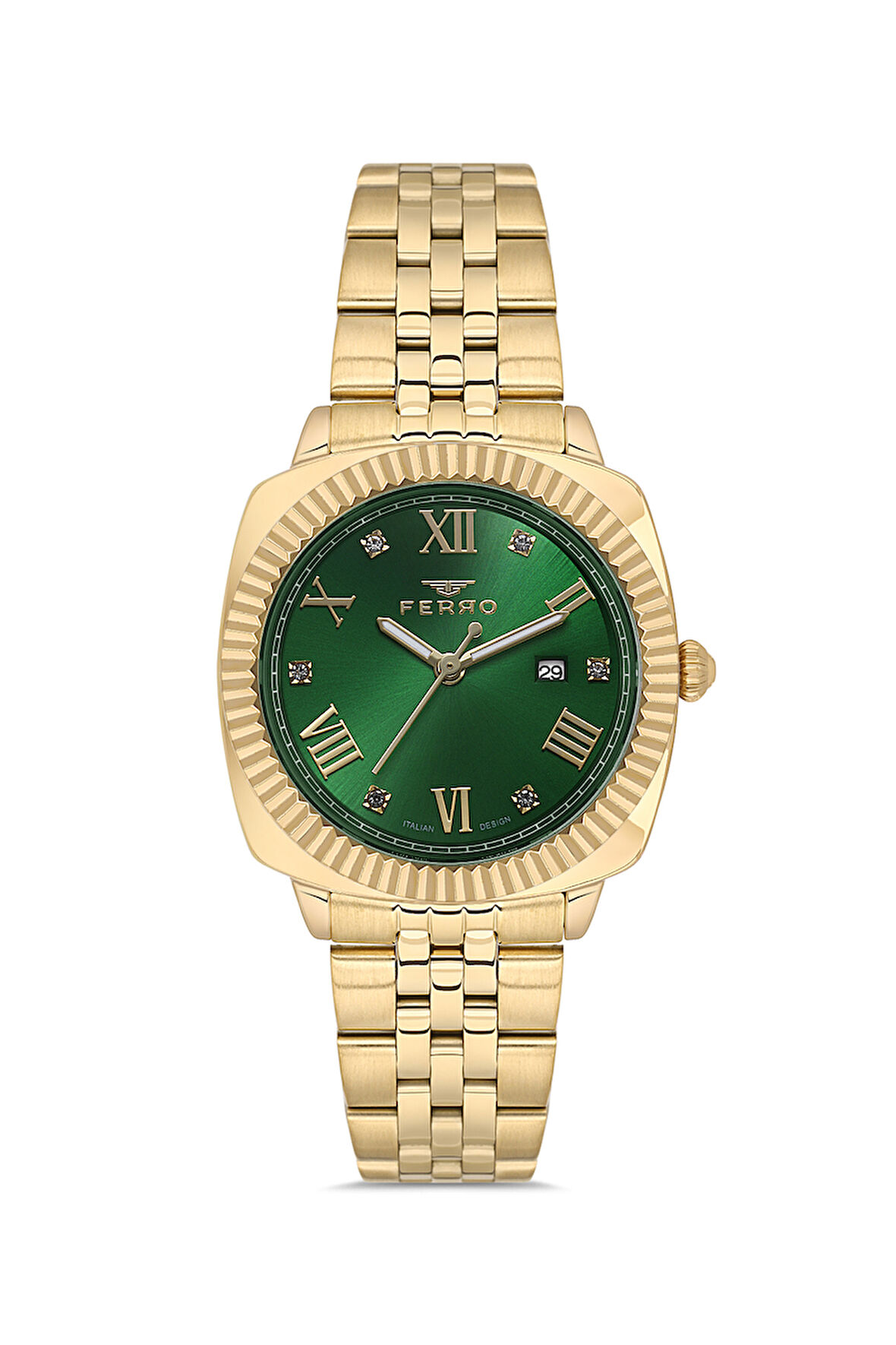 Ferro FL21625AWT-B6 Quartz Çelik Altın Rengi Yeşil Kadran 32 mm Kadın Kol Saati