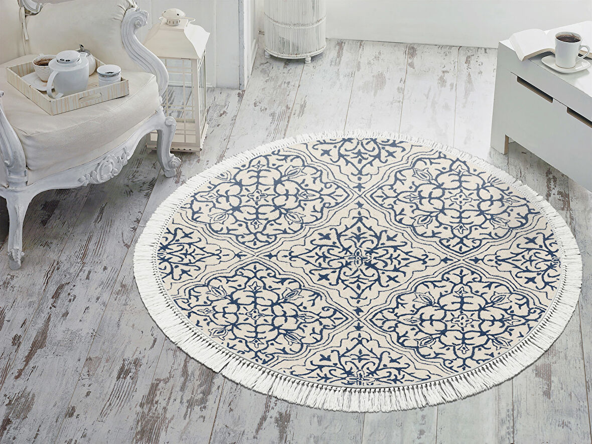 Dekoreko İnci Halı Dijital Saçaklı Yuvarlak 1906 Desen 1