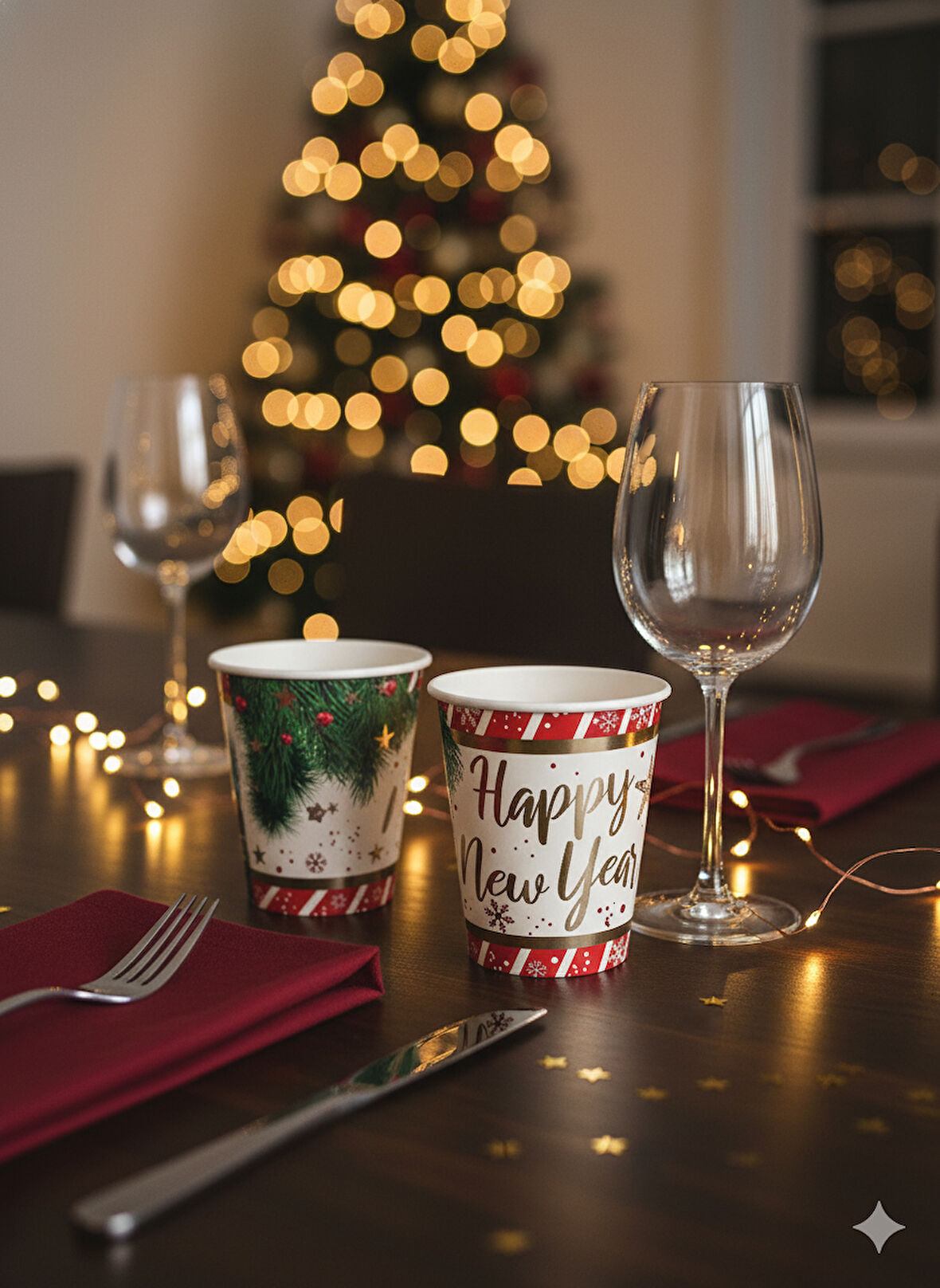 6'lı Paket Yılbaşı Temalı Lüks Karton Bardak - Happy New Year Gold Varaklı - Yılbaşı Partisi İçecek Bardağı