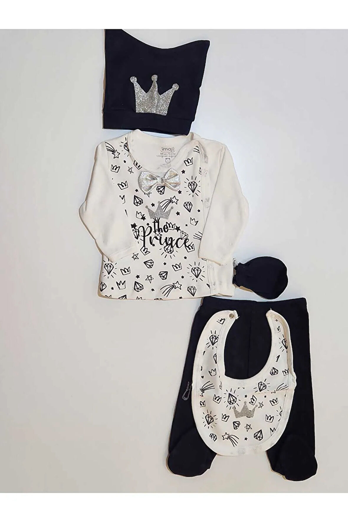 Prens Baskılı Şapkalı Erkek Bebek 5li Zıbın Takımı