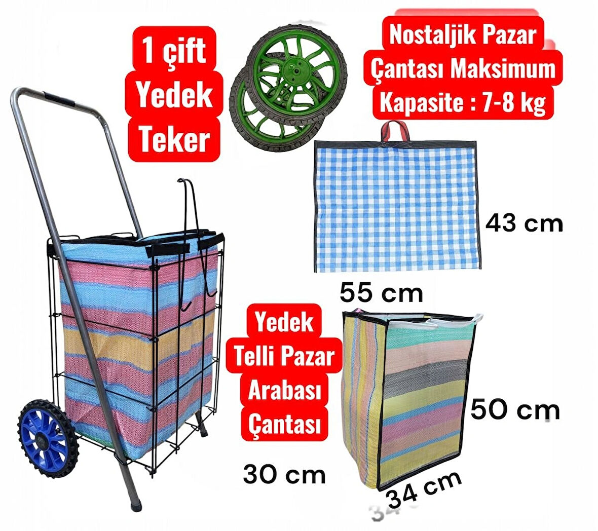 Pazar Arabası (Kalın Telli) + Yedek: P.A. Çantası + 1 Çift Teker + Nostaljik Pazar Çantası