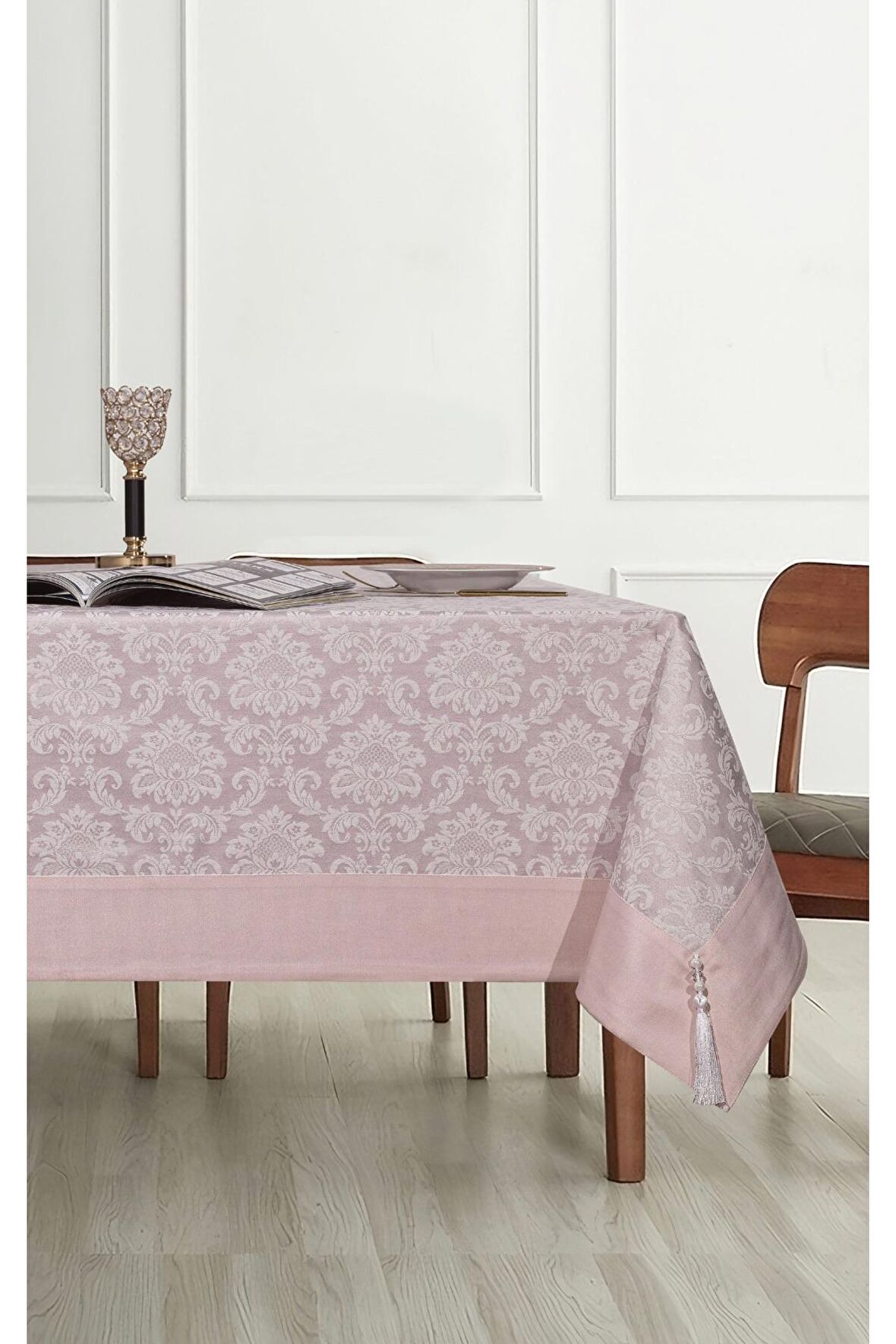 Pamuklu Damask Desen Pudra Pembe Renk Lüks Masa Örtüsü 160x220 Cm