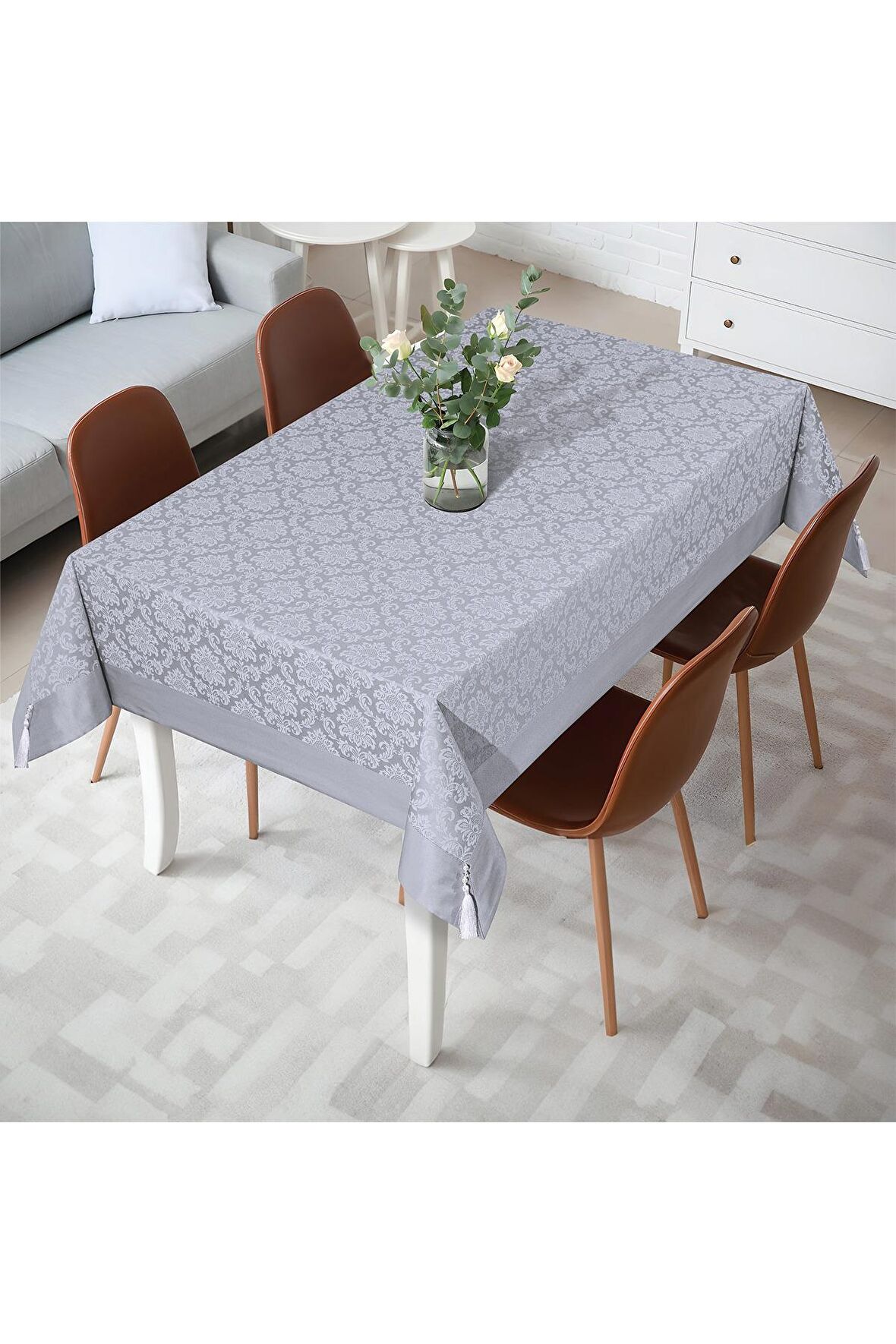 Polycotton Pamuklu Damask Desen Gümüş Gri Renk Luks Masa Örtüsü 160x220cm