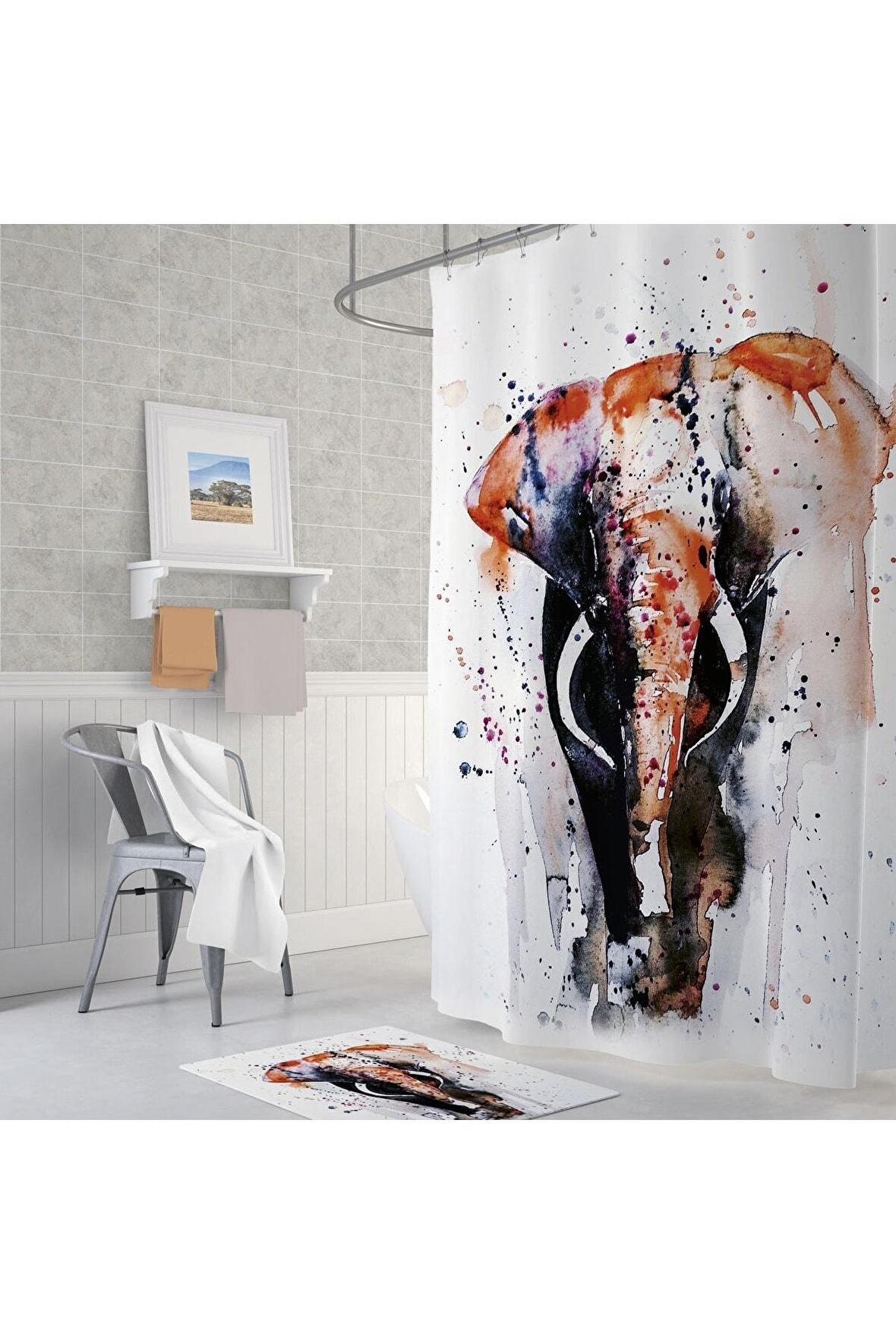 Polyester Kumaş Renkli Fil Desen Banyo Perdesi Yerli Üretim 180x200 Cm Duş Perdesi C-halka Hediye