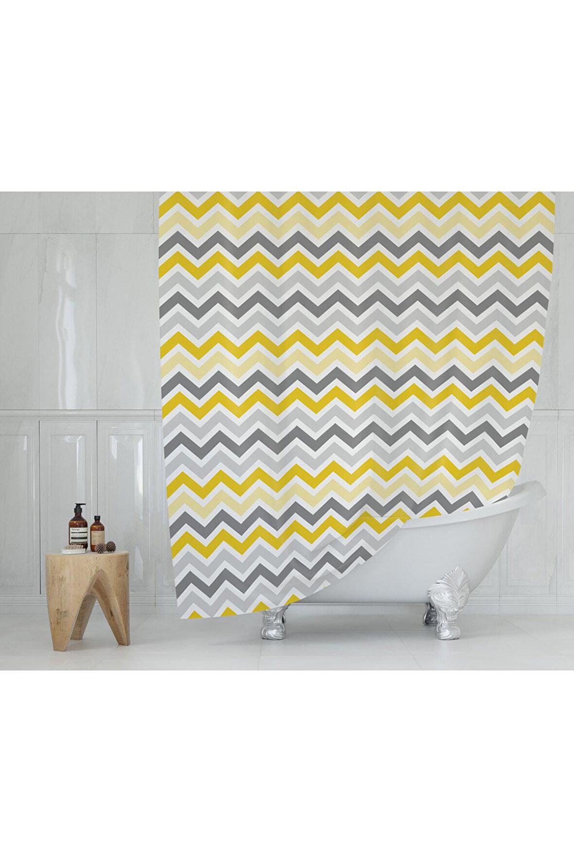 Duş Perdesi Zigzag Desen Banyo Perdesi Su Geçirmez Polyester Kumaş Duş Perde 180x200cm C Halkalı