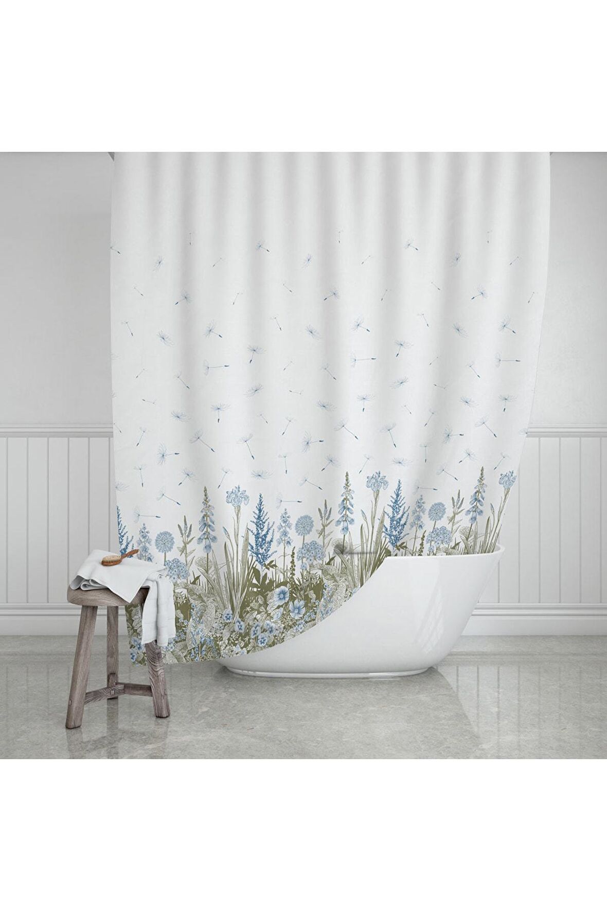 Kır Banyo Perdesi 180x200cm Tek Kanat Duş Perdesi, Renkli Çiçekli Banyo Duş Perdesi, Halkalı Perde