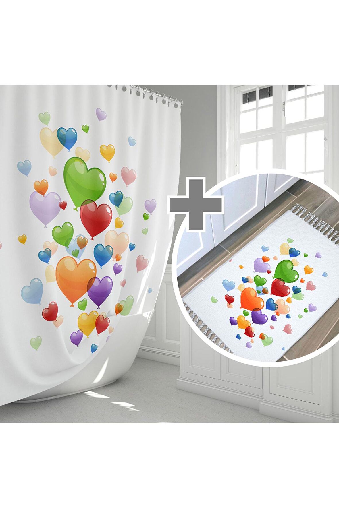 Banyo Paspas Seti, Taş Desen Banyo Perdesi Takımı, Yıkanabilir Paspas Ve Duş Perdesi Seti, C Halkalı
