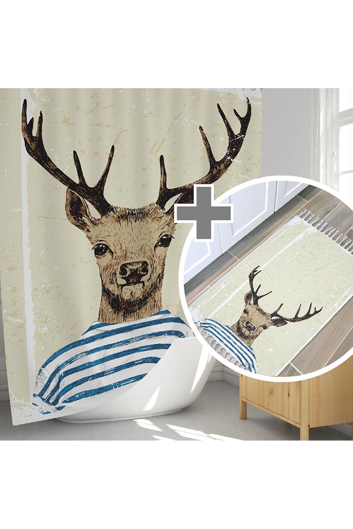 Banyo Paspas Seti, Taş Desen Banyo Perdesi Takımı, Yıkanabilir Paspas Ve Duş Perdesi Seti, C Halkalı