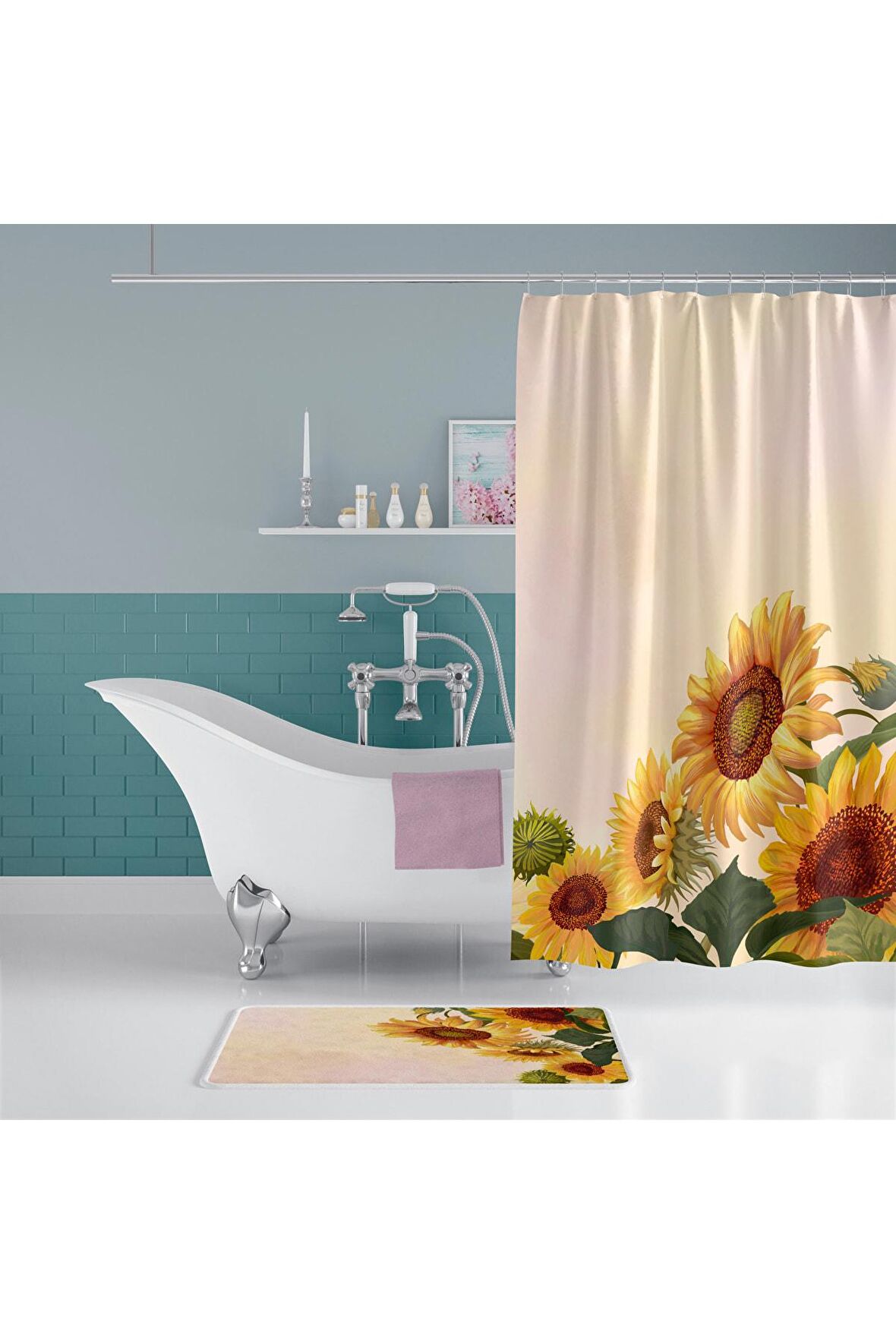 Sunflower Banyo Perdesi-180x200 Cm Duş Perdesi-ayçiçek Desen Banyo Duş Perdesi-sarı Banyo Perdesi