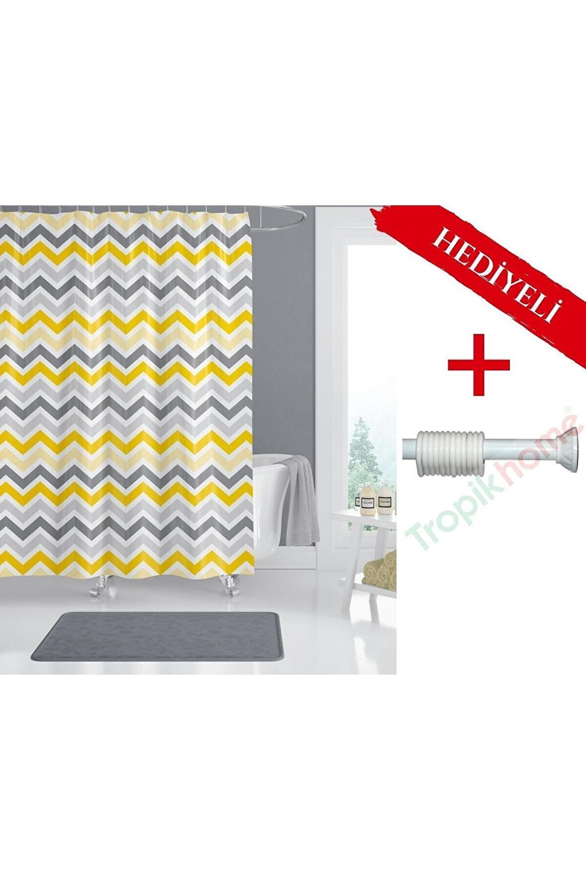 Ağaçlı Banyo Perdesi Askı Hediyeli 180x200cm Tek Kanat Duş Perdesi, Renkli Banyo Duş Perdesi