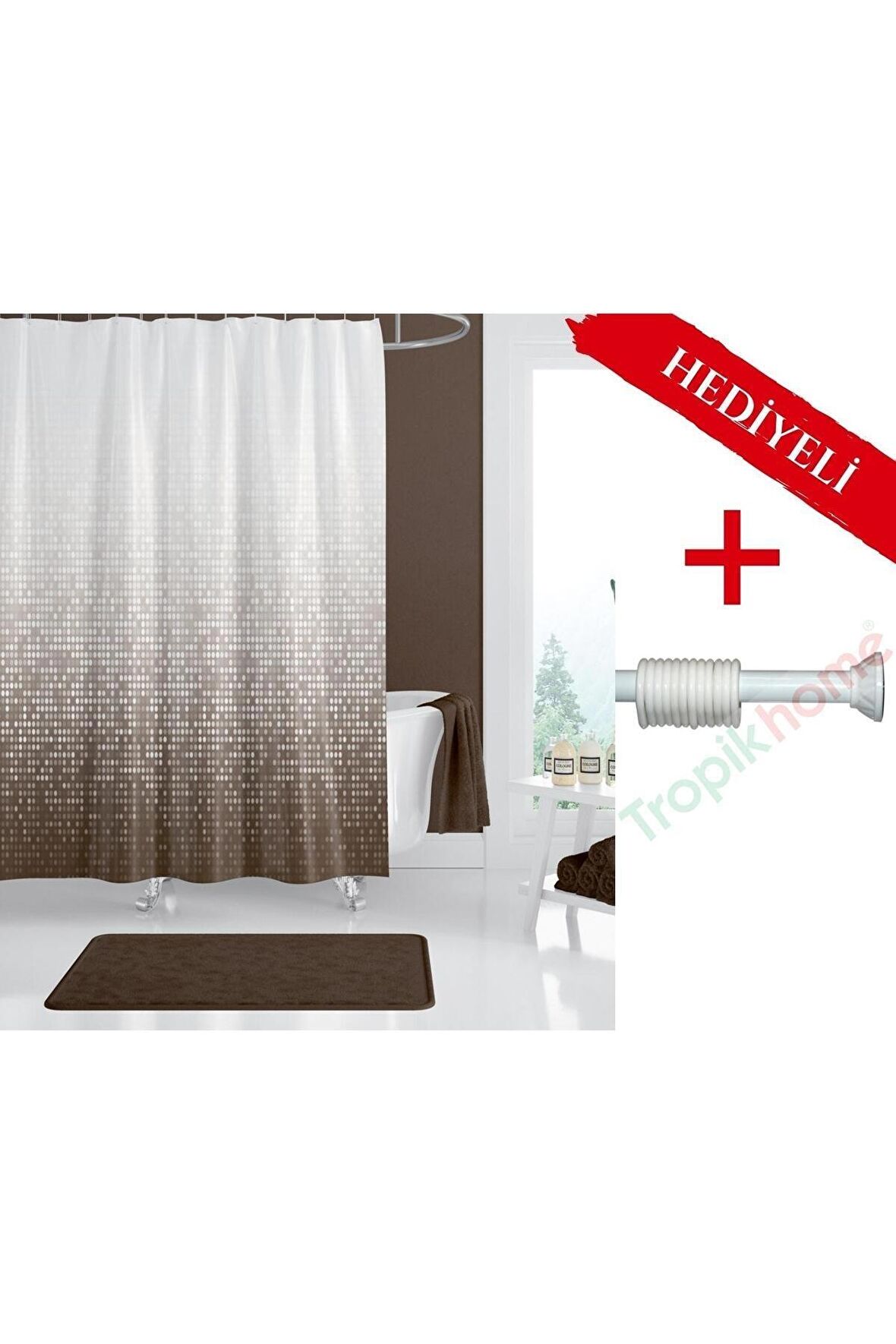 Ağaçlı Banyo Perdesi Askı Hediyeli 180x200cm Tek Kanat Duş Perdesi, Renkli Banyo Duş Perdesi