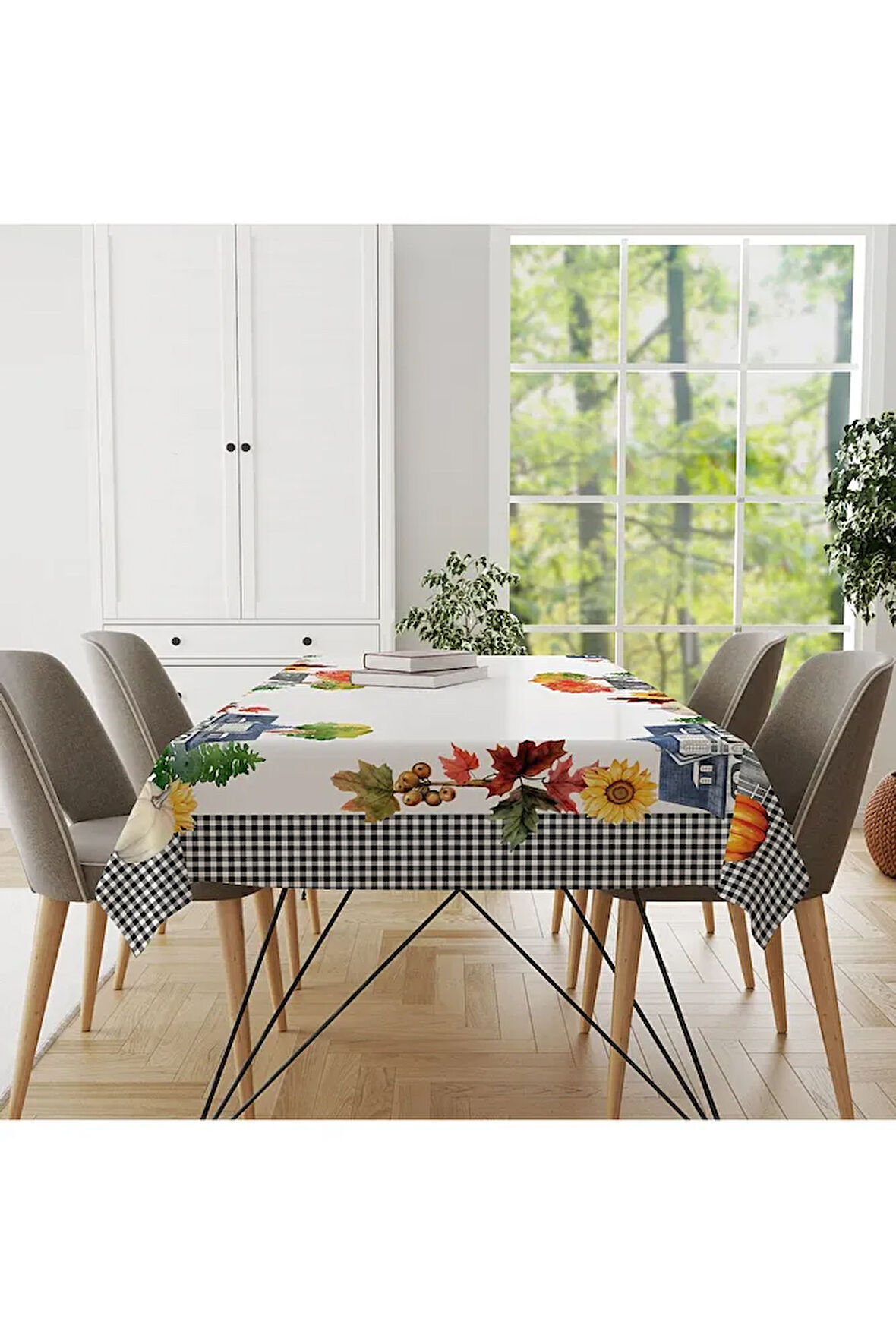 Dijital Sonbahar Çiçek Desenli Silinebilir Masa Örtüsü 150x220