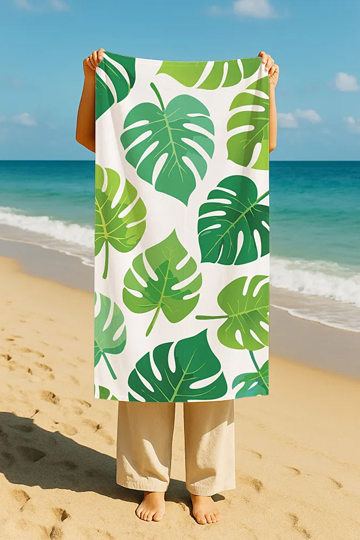 Plaj Havlusu Yaprak Dijital Baskılı 70x150 Cm Plaj Havlusu - Yeşil
