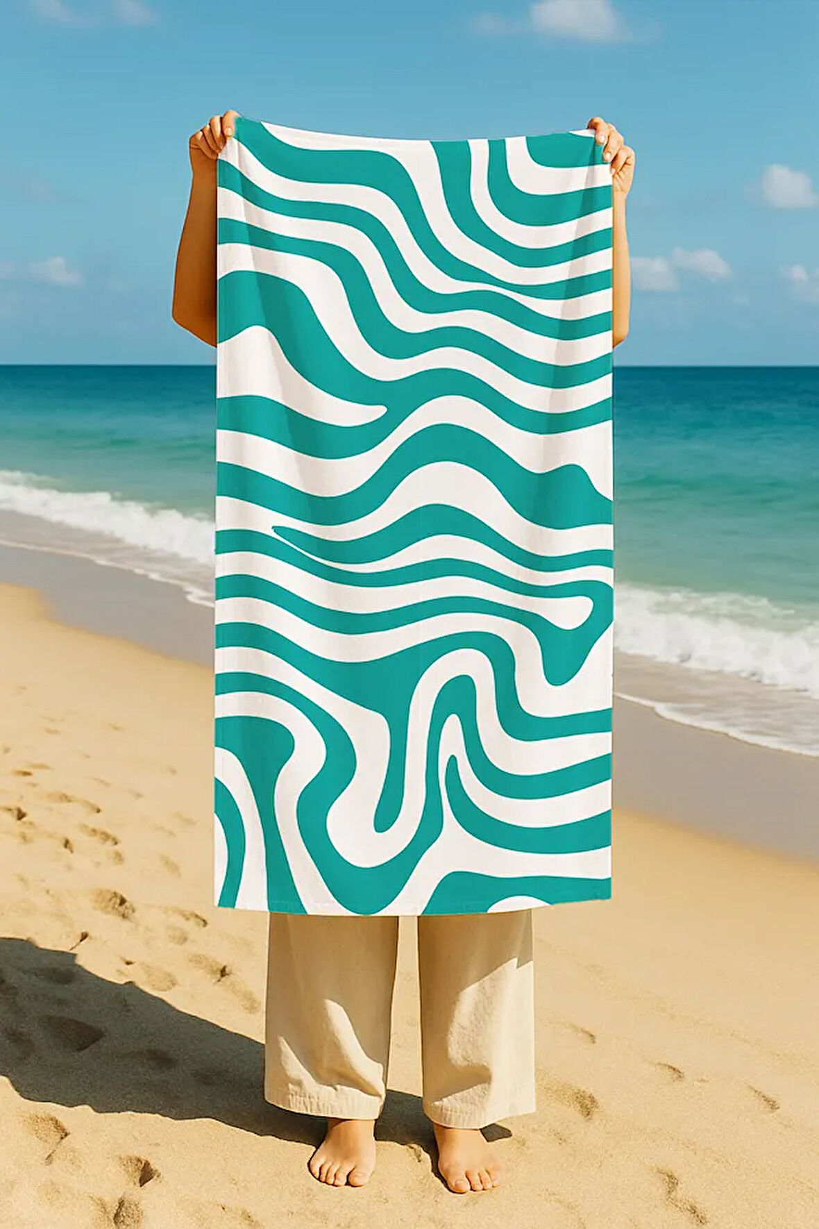 Plaj Havlusu Dalgalı Dijital Baskılı 70x150 Cm Plaj Havlusu - Mint