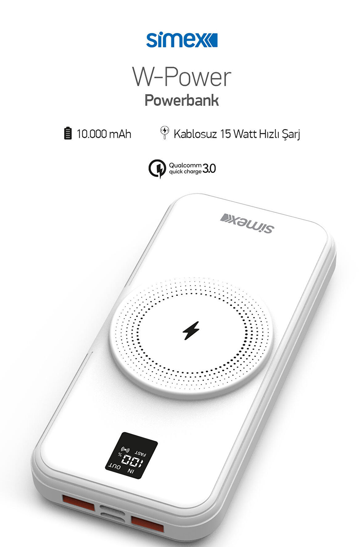 Simex Powerbank 10000mAh Dahili Kablolu 22,5W 15W Magnetic Wireless S-33 W-Power Beyaz