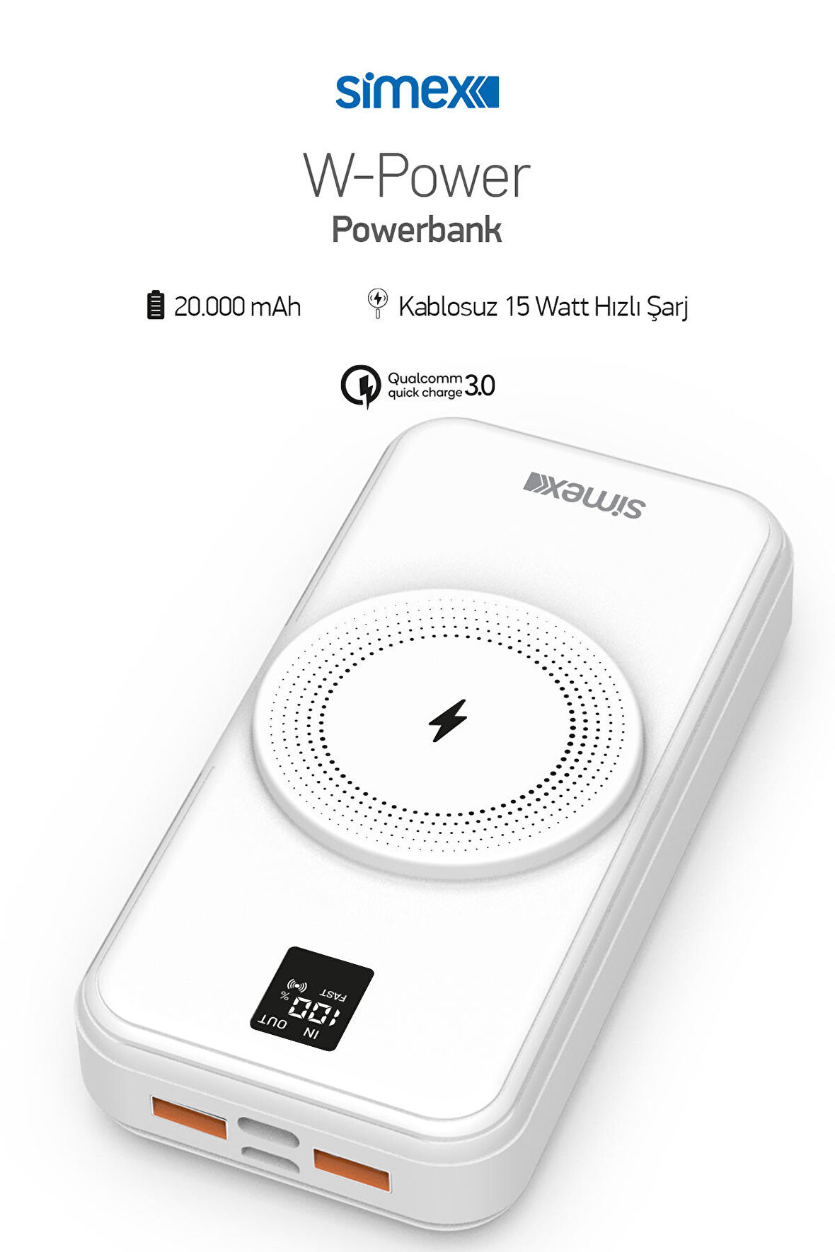 Simex Powerbank 20000mAh Dahili Kablolu 22,5W 15W Magnetic Wireless S-33 W-Power Beyaz