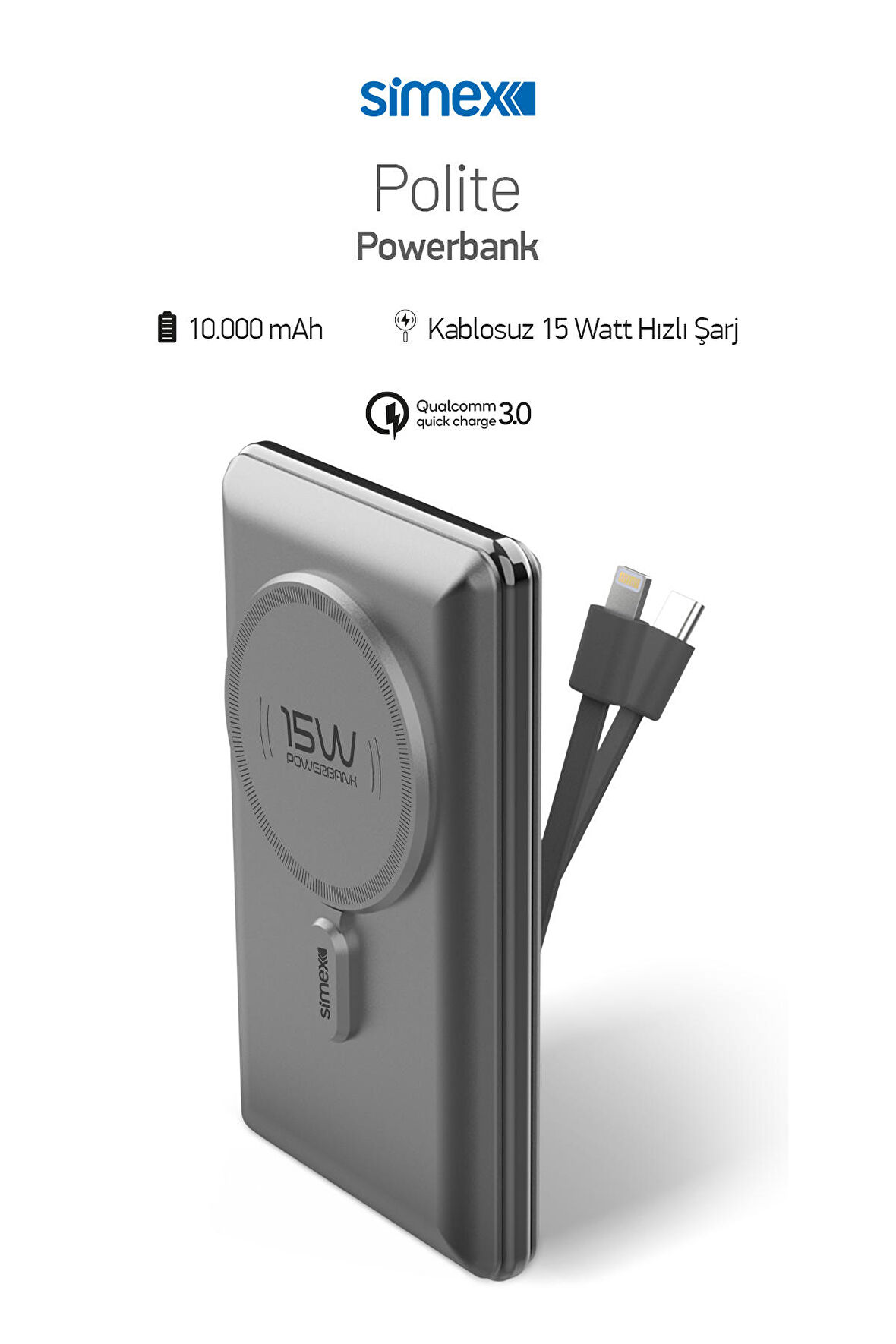 Hızlı Şarj Temassız MagSafe PowerBank 22,5W 10000mAh Dahili Kablolu Simex S-38 Polite