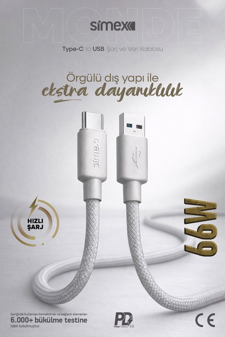 66W USB to Type-C Süper Hızlı Şarj Kablosu - Samsung, Huawei, Honor, Vivo, Uyumlu Gri, 1 Metre