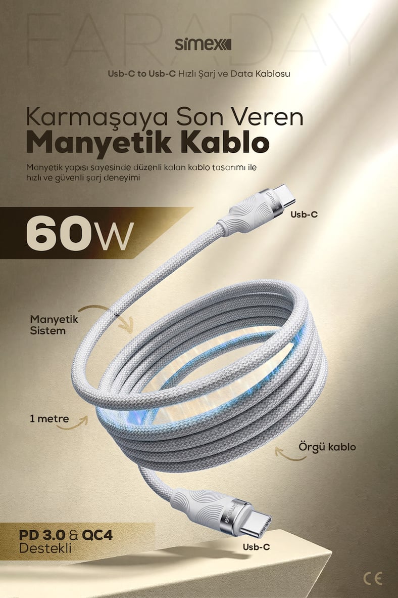  60W Type-C Type-C Hızlı Şarj Kablosu - Manyetik Şarj ve Veri Kablosu - QC 4.0 Destekli SPK-13